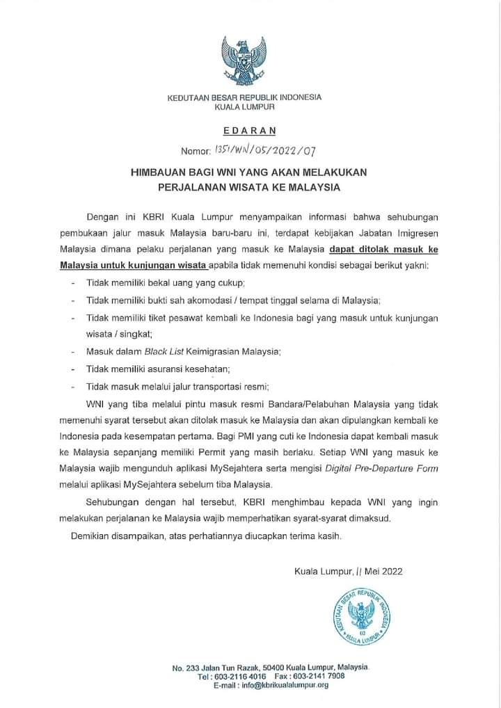 Surat edaran KBRI untuk Malaysia